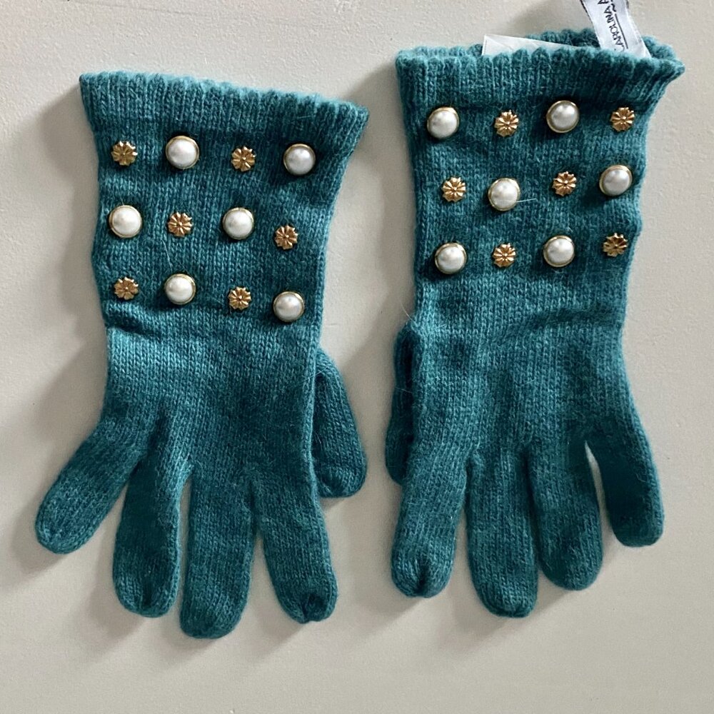 New Carolina Amato Turquoise Wool Angora Embellished Pearl Gold Beads Gloves OS